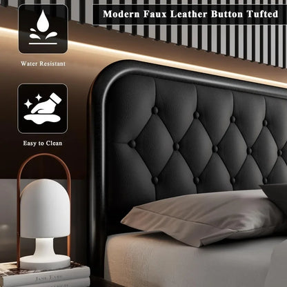 Heavy Duty Bed Frame with Faux Leather Headboard, Upholstered Platform Bed with Strong Metal Slats, 12" Under-Bed Storage
