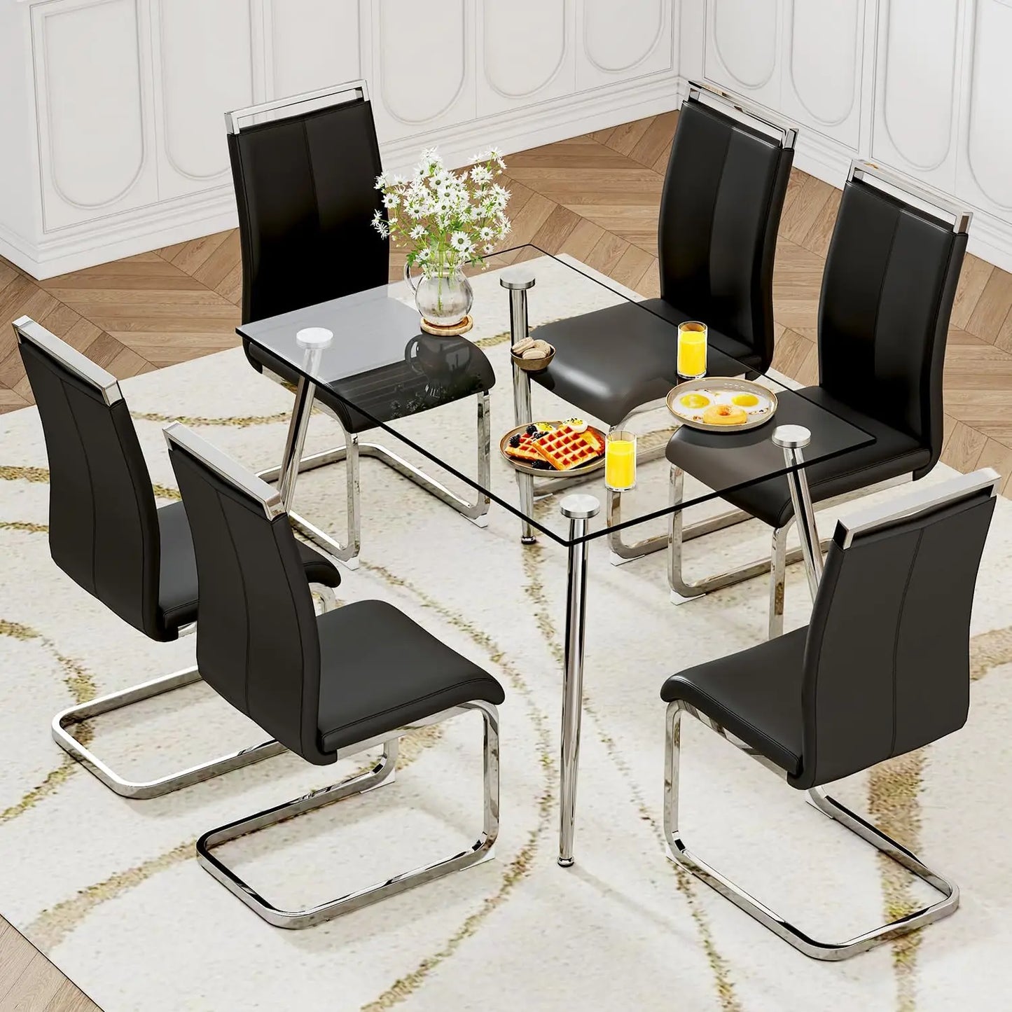 Glass Dining Table Set for 4,5 Piece Dining Table and Chairs Set，Modern Kitchen Dining Room Table with 4 Black PU Leather
