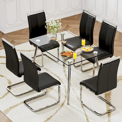 Glass Dining Table Set for 4,5 Piece Dining Table and Chairs Set，Modern Kitchen Dining Room Table with 4 Black PU Leather
