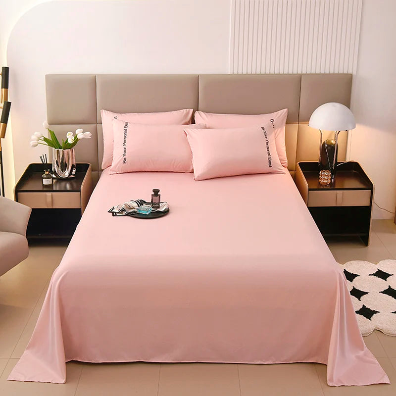 3PCS Solid Color Flat Sheet With English Embroidery Pillowcases Soft & Breathable Bed Sheet Hotel Quality Microfiber Bed Cover