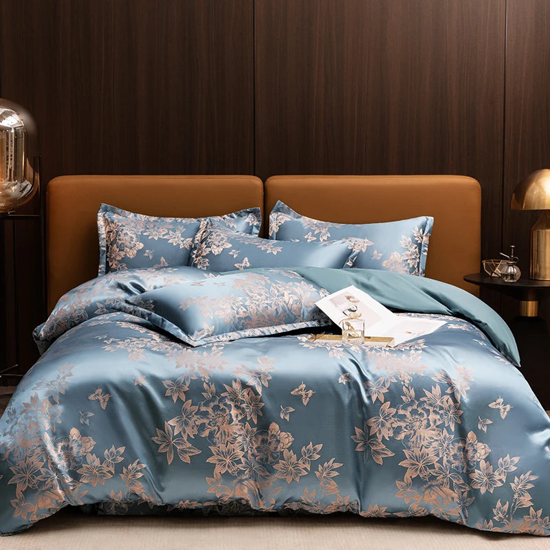 Floral Jacquard Satin Duvet Cover Set Queen 3 Piece Luxury Silk Like Bedding Comforter Covers with Zipper Closure & Corner Ties