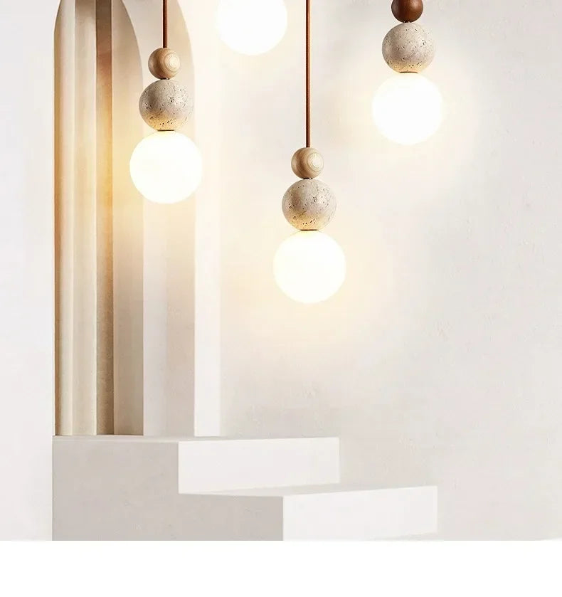 Yellow Travertine Bedside Chandelier Mahogany Nordic Japanese Log Wabi Sabi Style Homestay Single Head Long Line Pendant Lights