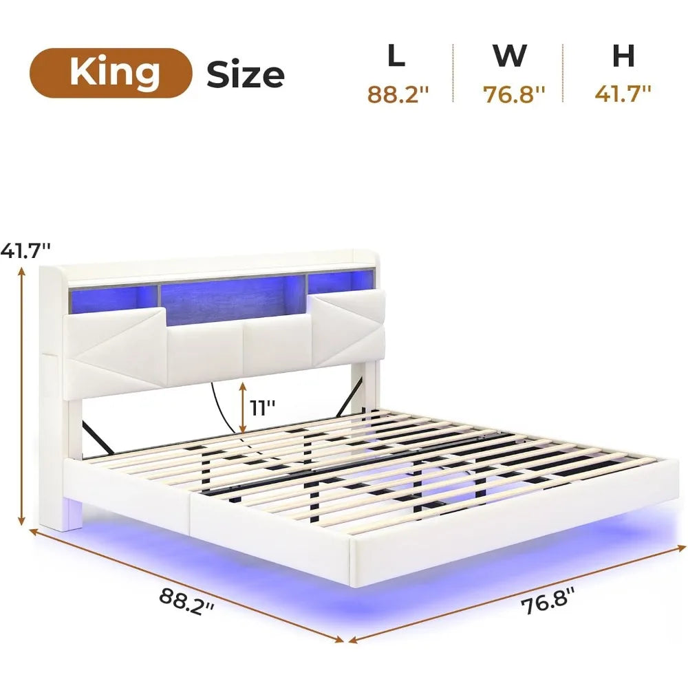 Bed Frame, with Storage Headboard and Power Outlet, Floating Platform Bed with LED Lights, Wood Slats Support, Bedroom Bed