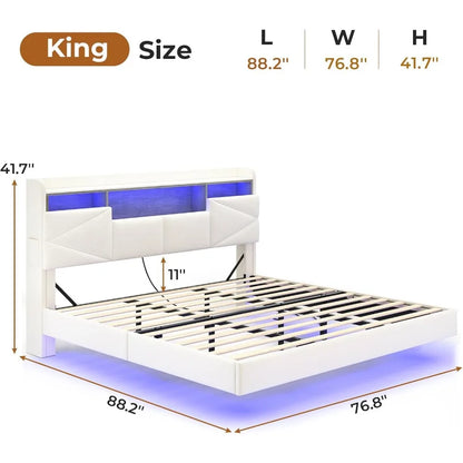 Bed Frame, with Storage Headboard and Power Outlet, Floating Platform Bed with LED Lights, Wood Slats Support, Bedroom Bed