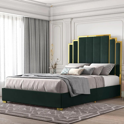 bedstead King Size and 65" Headboard, Upholstered Bed with Golden Plating Trim, Platform Bed No Box Spring Needed,bedstead