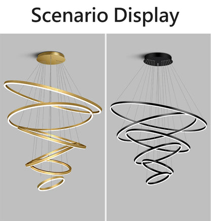 Modern LED pendant lights suitable for bedrooms, living rooms, and dining rooms. Circular ceiling chandelier, home lighting.