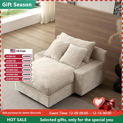 Singel Chaise Lounge Chair with Thicked Cushions,Comfy Corduroy Upholstered Indoor Leisure Sofa Recliner,Sleeper Couch Bed