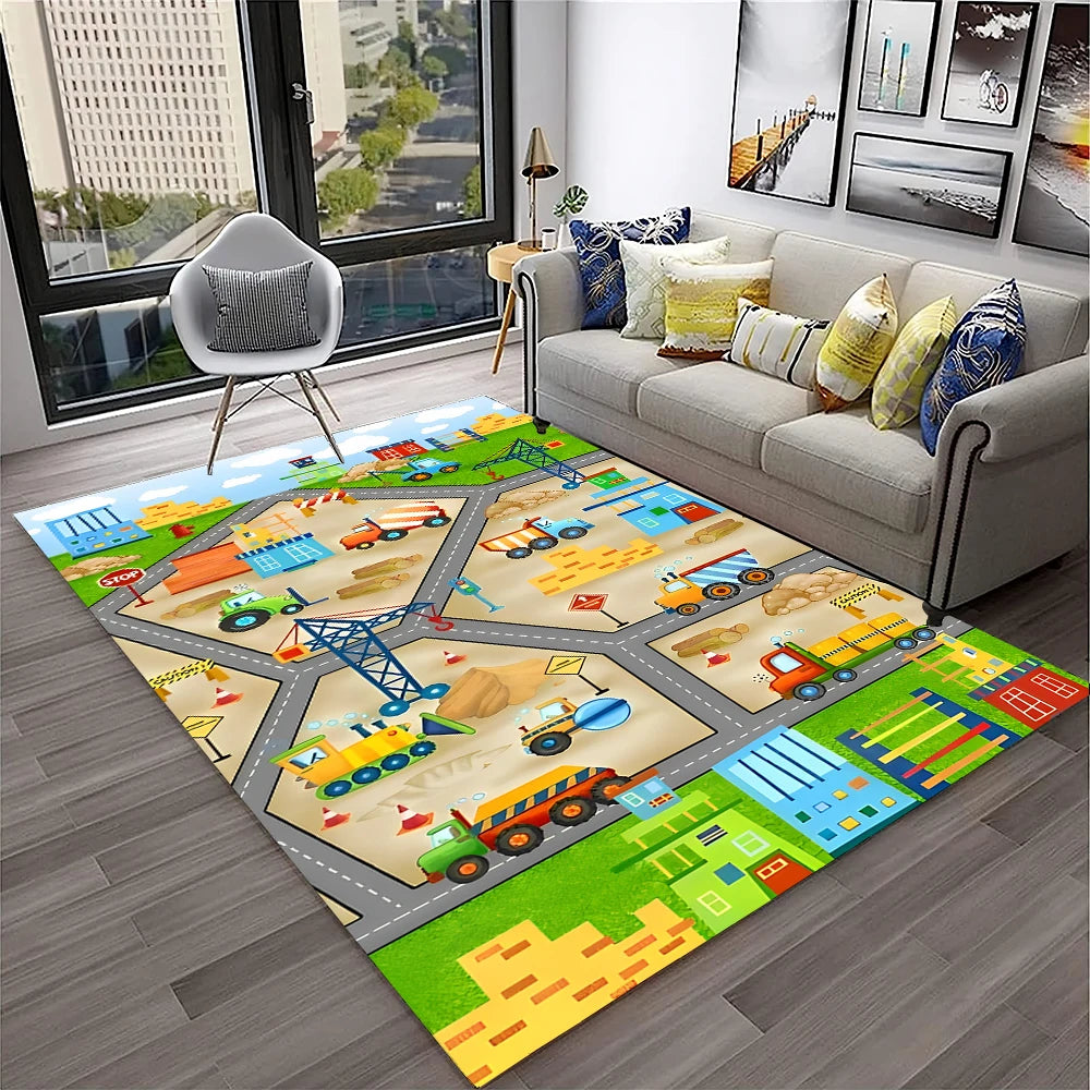 Child Playmat Traffic Highway City Playroom Carpet Rug for Home Living Room Bedroom Doormat Decor, Area Rug Non-slip Floor Mat