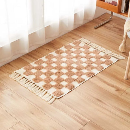 Vintage Nordic Style Cotton Linen Handmade Tassel Area Rug Checkerboard Tufted Floor Bedside Mat Living Room Bedroom Tapestry