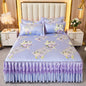 3pcs Set Luxury Classic Floral Bed Skirt with Pillowcase, Ice Silk Flower Print Bedding Set for Dorm, Bedroom, Guest Room Decor