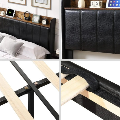 Upholstered Bed Frame Queen Size with Headboard with Storage Drawers & Charging Station,No Box Spring Needed/Heavy Duty