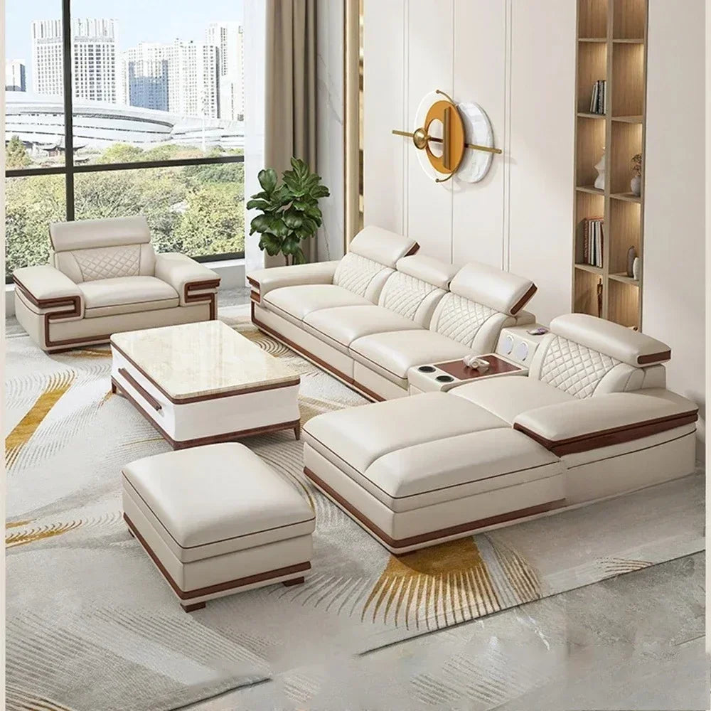 MINGDIBAO Premium Italian Genuine Leather Sofa Set for Living Room with Adjustable Headrests, Bluetooth Speaker, Wireless Charge