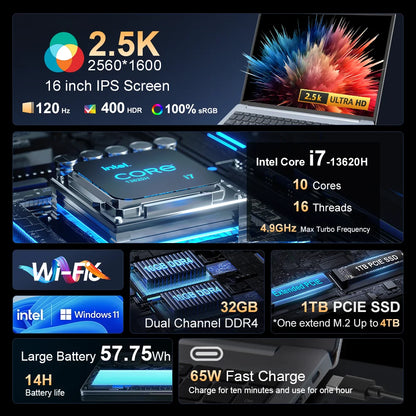 Ninkear N16 Pro Gaming Laptop 13th Intel i7-13620H 16-inch 2.5K IPS 120Hz Computer 32GB DDR4+1TB SSD WiFi 6 Fingerprint Unlock
