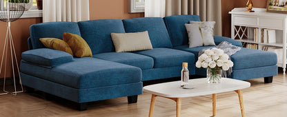 Sectional Couches for Living Room,U-Shaped Couch w/ Linen Fabric, 4 Seat Sofa Set w/ Double Chaise for Apartment (Fabric, White)