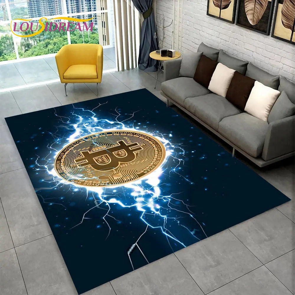 3D Bitcoin Virtual Currency Area Rug Large, Carpet Rug for Living Room Bedroom Sofa Playroom Doormat Decor, Kid Non-slip Floor Mat