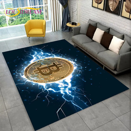 3D Bitcoin Virtual Currency Area Rug Large, Carpet Rug for Living Room Bedroom Sofa Playroom Doormat Decor, Kid Non-slip Floor Mat