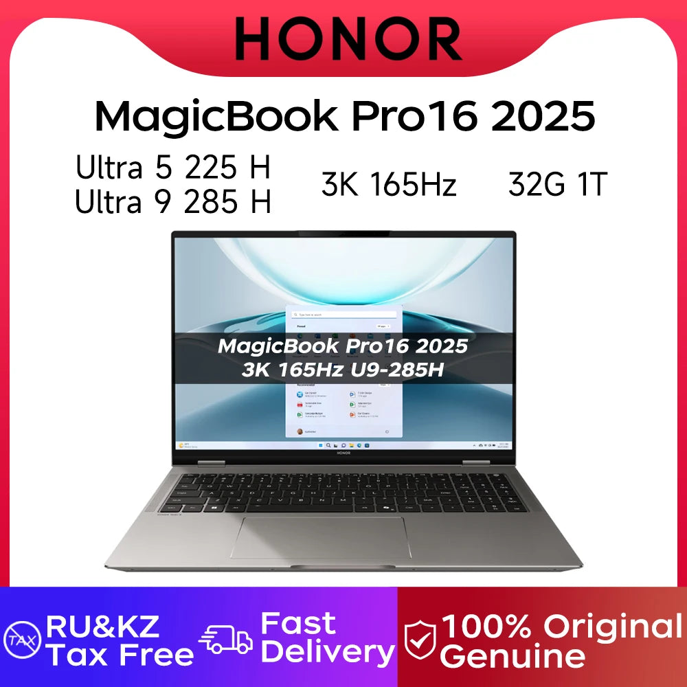 Honor Laptop MagicBook Pro 16 16-inch 2025 Intel Core Ultra 5 225H/Ultra 9 285H 24GB/32GB 1TB/2TB/4TB 165Hz 3K Gaming Laptop