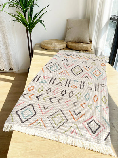 Handwoven cotton linen carpet retro Bohemian style square bedside geometric floor mat living room home decoration Bohemian manda