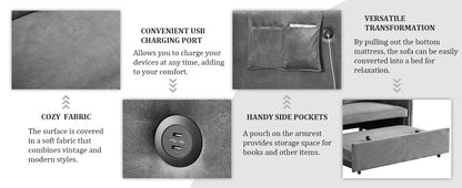 3 in 1 Pull Out Convertible Sofa Bed-Velvet Sleeper Sofa with 3Level Adjustable Backrest,Tufted Love Seat w/ 2Pockets ＆ 2Pillows