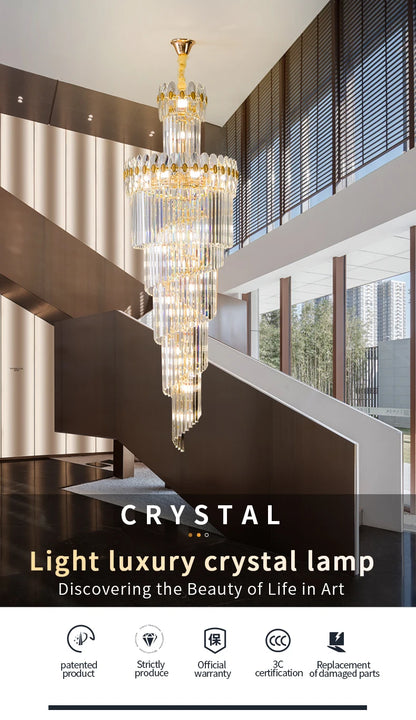 Post-Modern Duplex Villa Hall Crystal Chandelier Simple Light Luxury Jump Floor Floor Rotating Hollow Long Strip Crystal Chandel