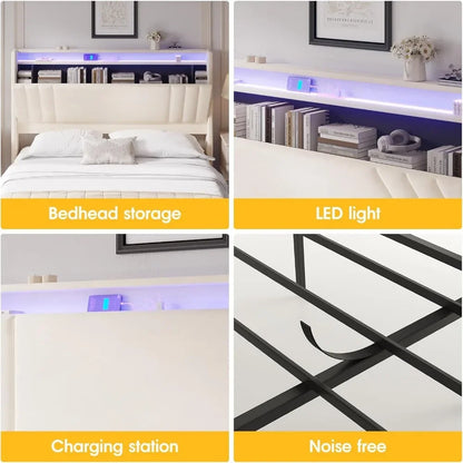 Floating Bed Frame, 50.8" Tall Headboard LED with Charging Station, Metal Platform Bed Frame, Upholstered Platform Beds Home