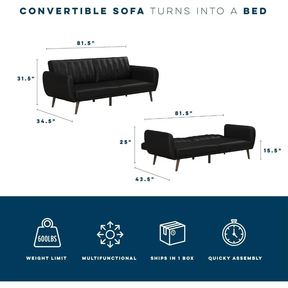 Brittany Futon Sofa Bed and Couch Sleeper, Black Faux Leather