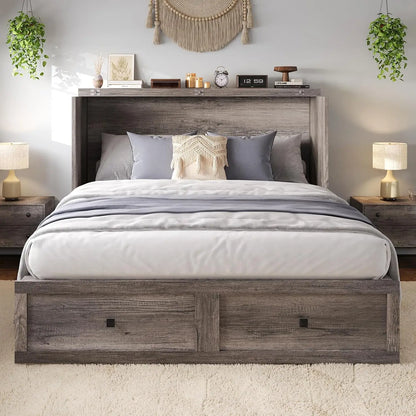 Full Size Murphy Bed, Cabinet Bed with Charging Station Large Storage Drawer for Home Office or Small Room, Hideaway Bed Full Fo