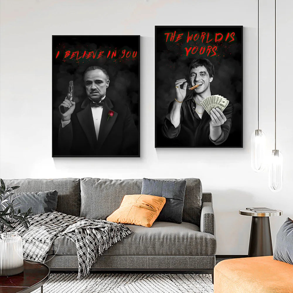 Gangster Bosses Legends Art Posters Scarface Escobar Godfather Wall Decor Motivational Canvas Prints Mafia Portrait Painting