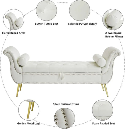 PU Leather Storage Benches End of Bed Vintage Flared Rolled Armed Bedroom Ottoman Bench Button Tufted Entryway Window