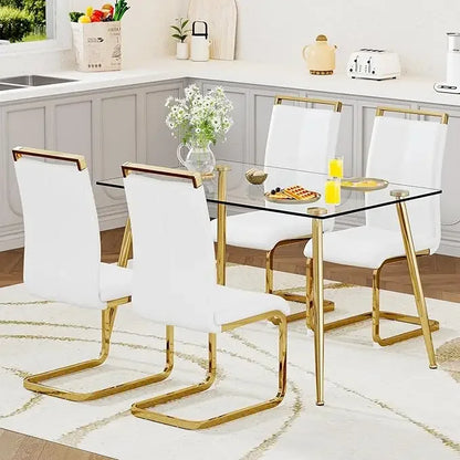Glass Dining Table Set for 4,5 Piece Dining Table and Chairs Set，Modern Kitchen Dining Room Table with 4 Black PU Leather