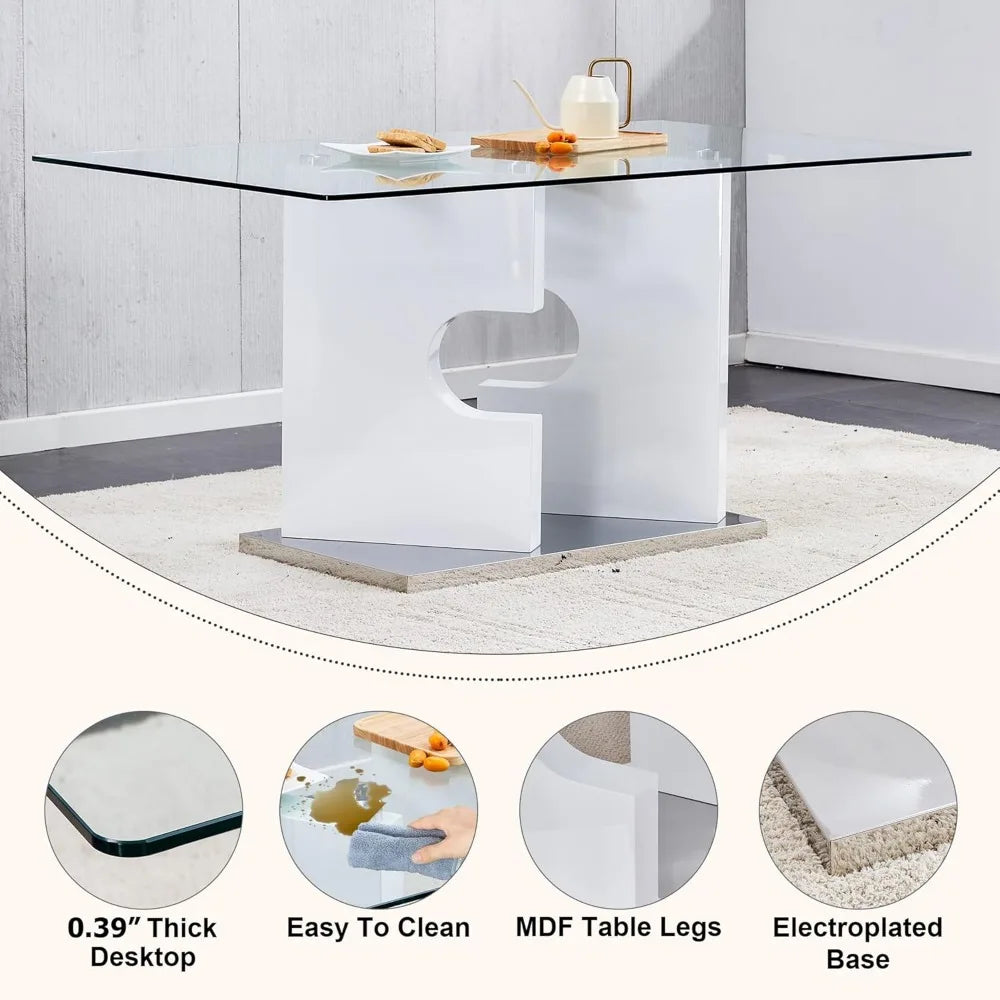 Modern dining table set for 6 people, glass table with 6 faux leather chairs, kitchen display table, suitable for living room
