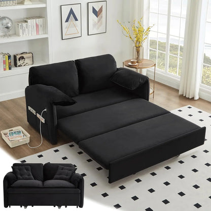 3 in 1 Pull Out Convertible Sofa Bed-Velvet Sleeper Sofa with 3Level Adjustable Backrest,Tufted Love Seat w/ 2Pockets ＆ 2Pillows