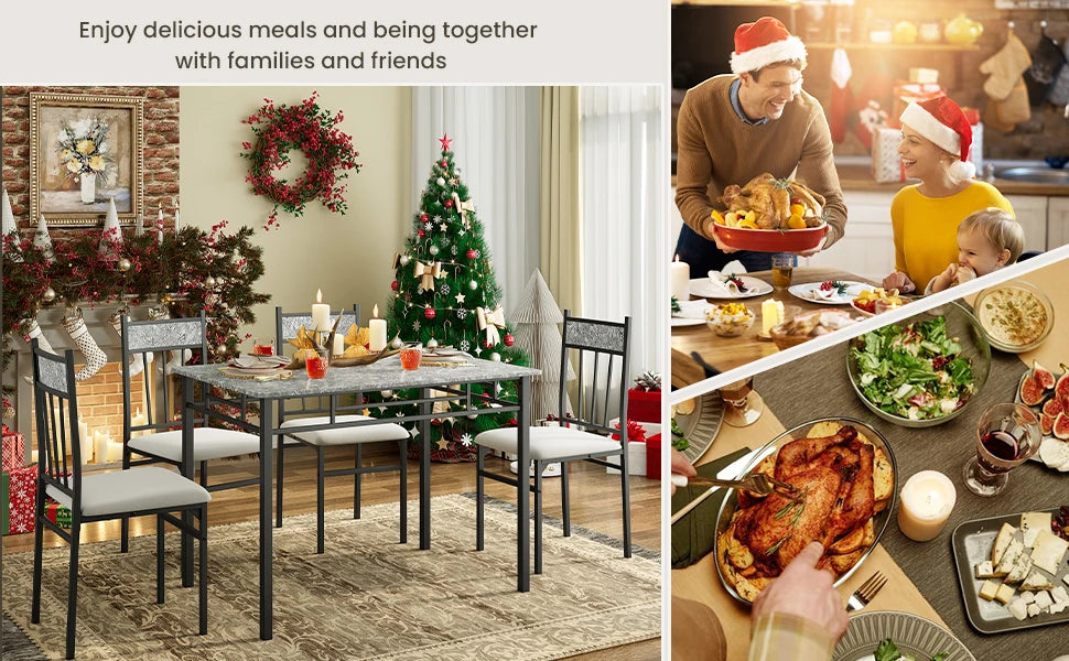 5-piece 4-person Dining Table Set, Imitation Marble Kitchen Table and Chairs 4-piece Set, Metal and Wooden Dining Table Set