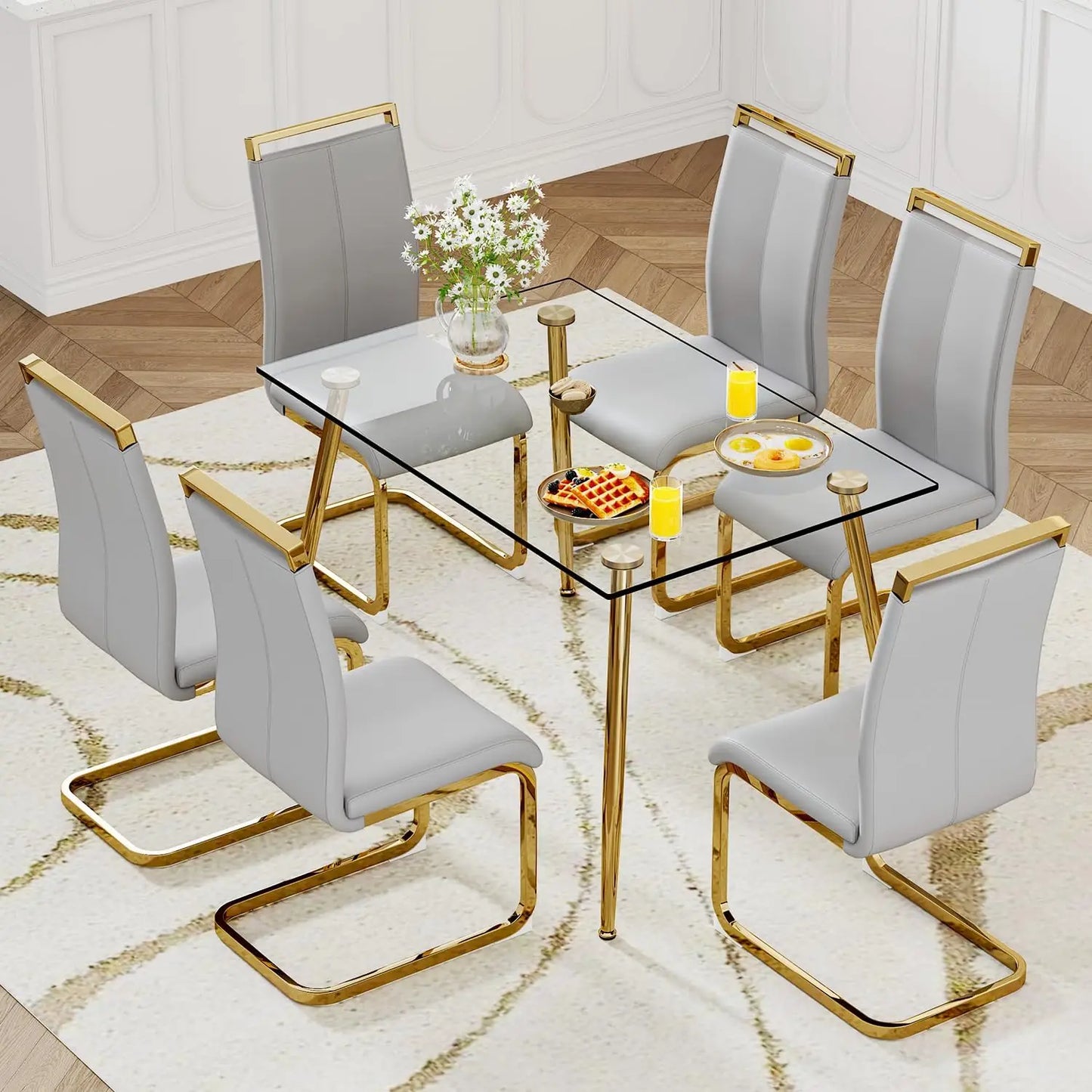 Glass Dining Table Set for 4,5 Piece Dining Table and Chairs Set，Modern Kitchen Dining Room Table with 4 Black PU Leather