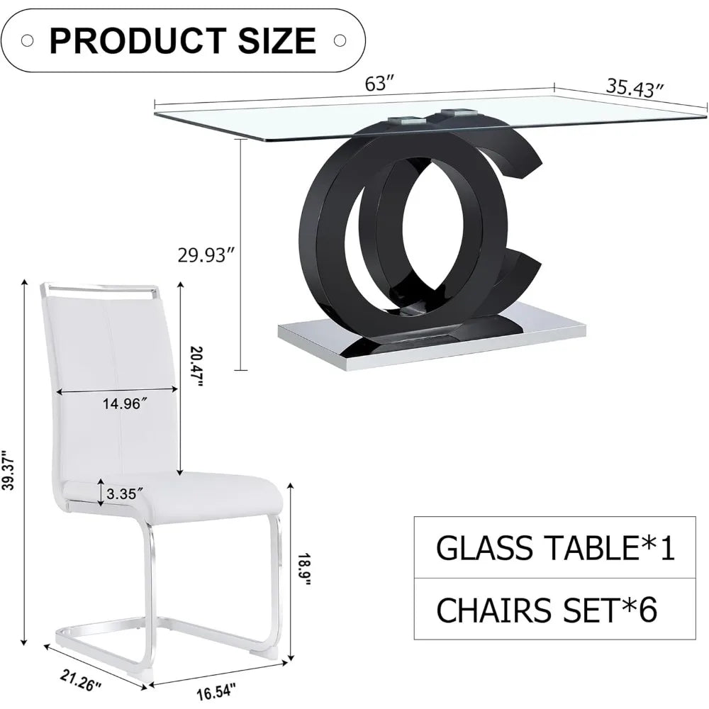 Glass Dining Table Set for 6 ,7 Piece Dining Table Set,Tempered Glass Table Top,PU Leather Ergonomic Dining Chairs Easy Assembly