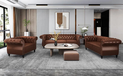 2-piece Living Room Set, Chesterfield Leather Double Sofa with Scroll Armrests and Nail Heads