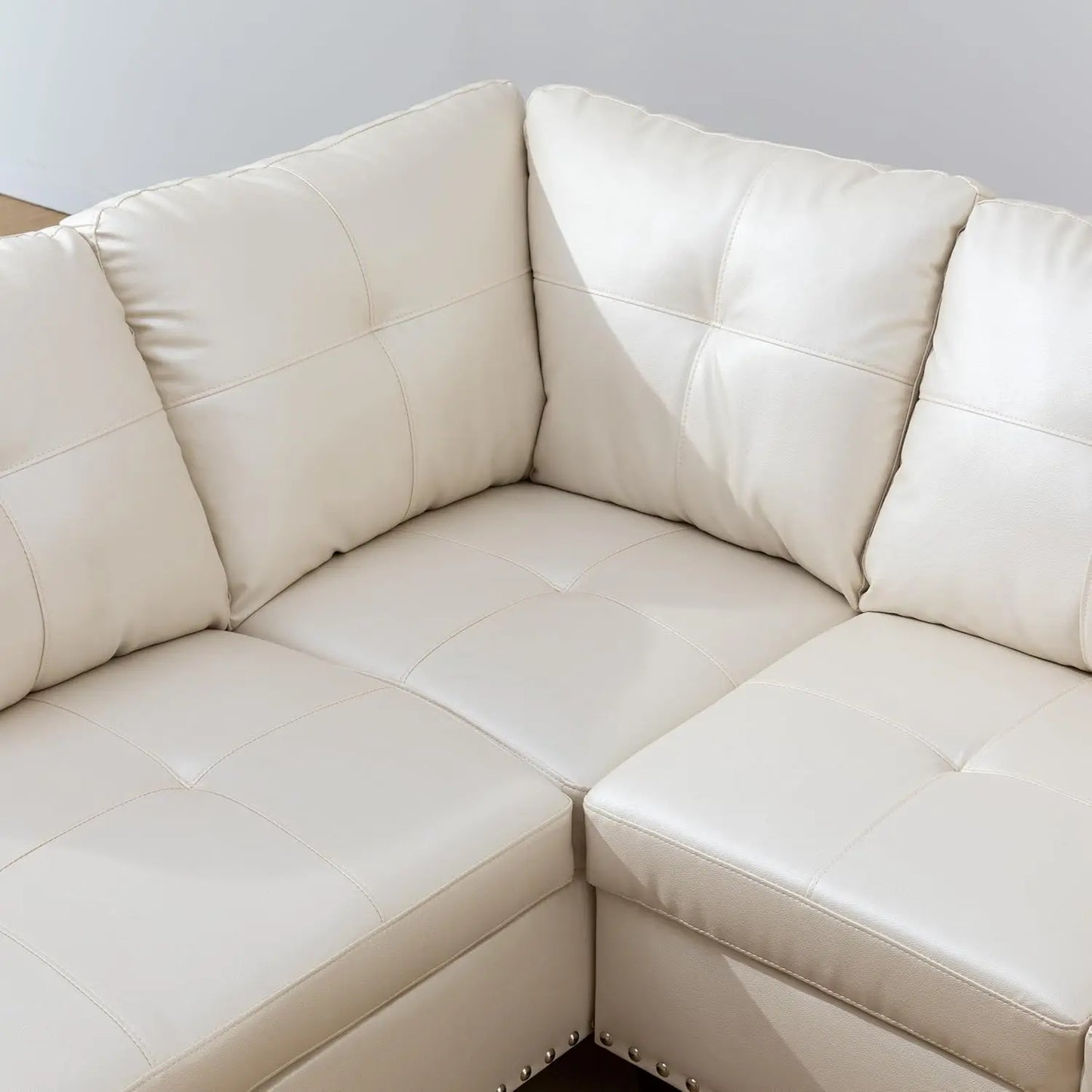 Shaped Sectional Couch with 70" Chaise Lounge, 98" Faux Leather Upholstered Modular Sofas with Right Armrest, Button Tufted