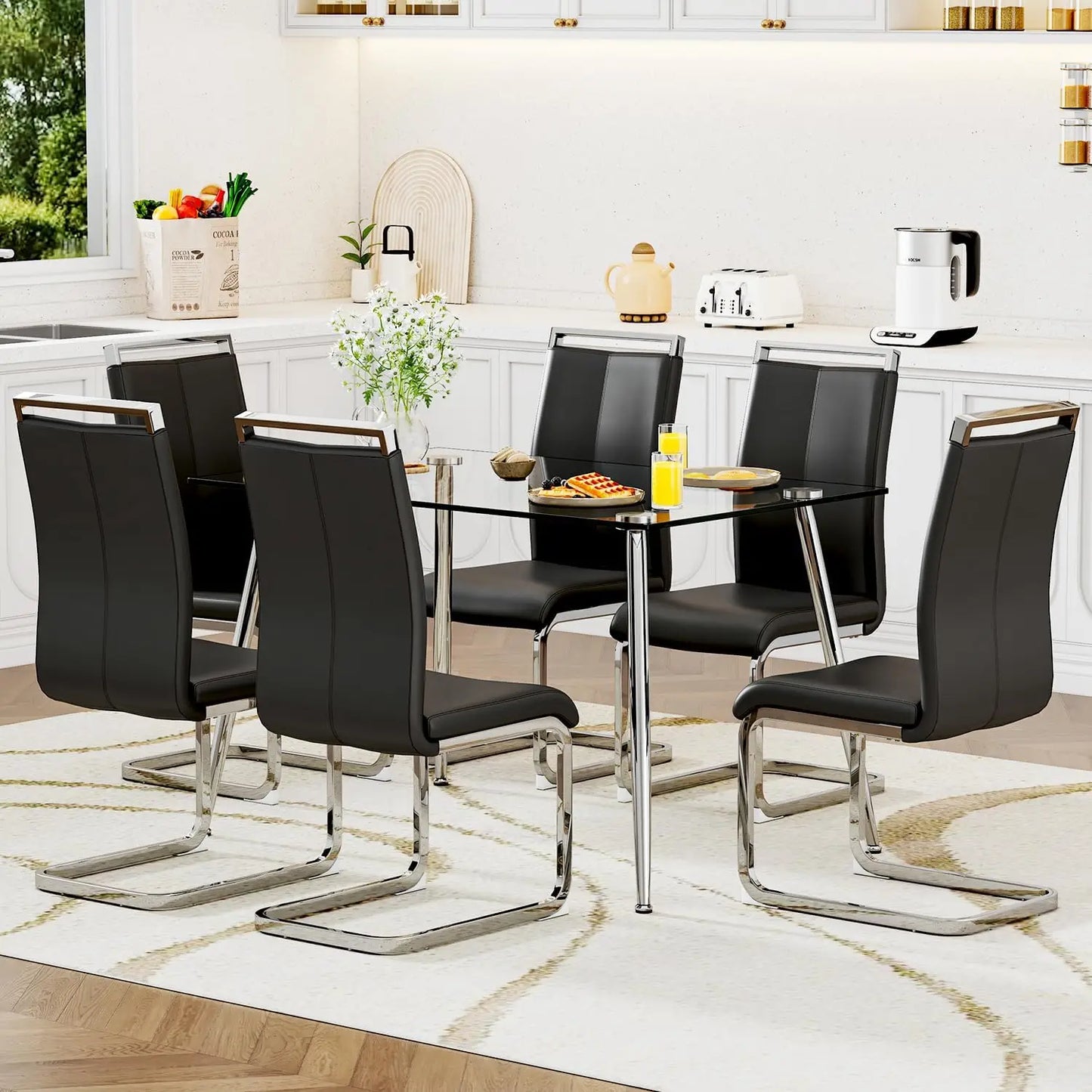 Glass Dining Table Set for 4,5 Piece Dining Table and Chairs Set，Modern Kitchen Dining Room Table with 4 Black PU Leather