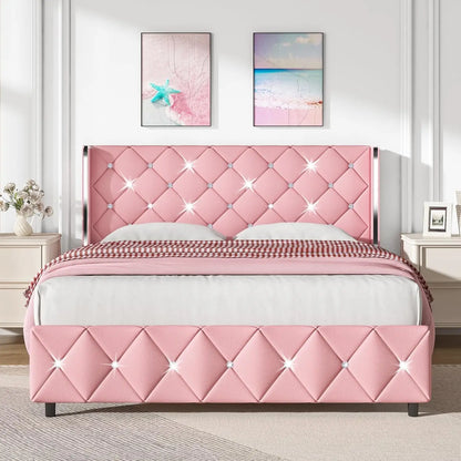 King Size Bed Frame, Velvet Upholstered Platform Bed King Size with Diamond Tufted Headboard and Footboard, Wooden Slats Support