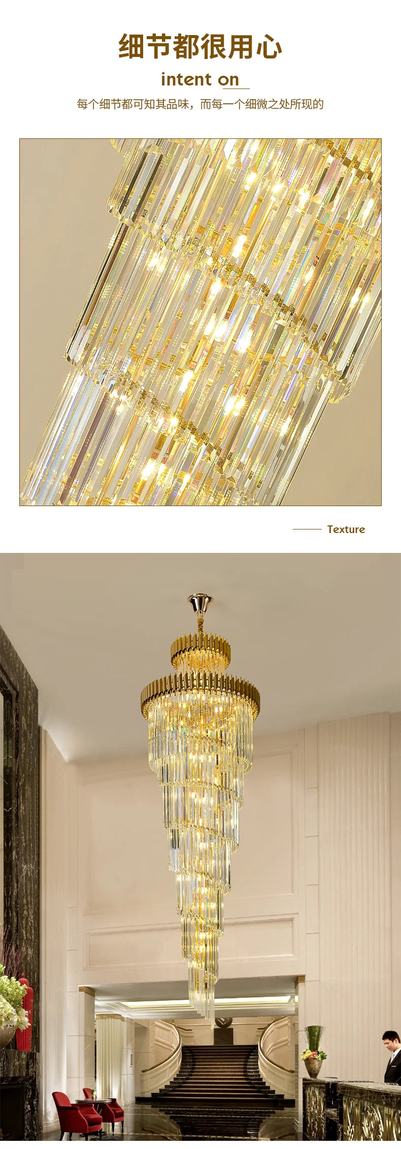 Post modern chandeliers, gold light luxury staircase lights, villa lights, black crystal lights, corner staircase 3-meter long l