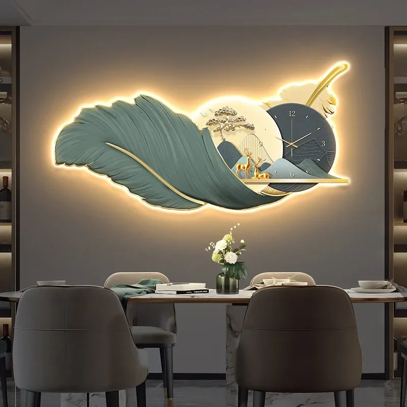 Modern Feather Wall Decor Deer Living Room Luxury Wall Accents Coffee Bar Art Home Mural Elegant Room Ornaments wall clock