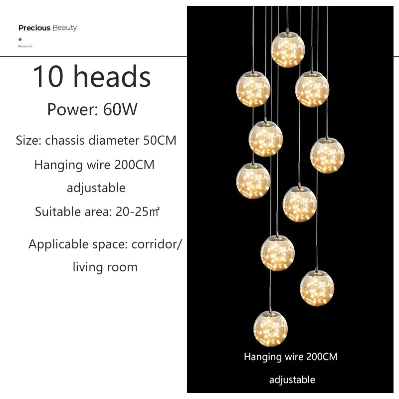 Modern Led Chandelier Glass Ball Dimmable for Staircase Living Room Pendant Lamps Home Decor Lighting Suspension Design Lusters