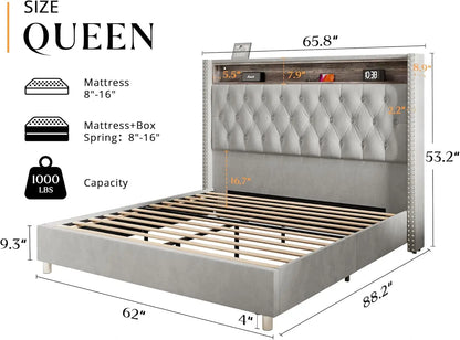 King Bed Frame with Headboard LED Lights and Charging Station, Velvet Tall Upholstered Platform Bed Storage No Box Spring Needed