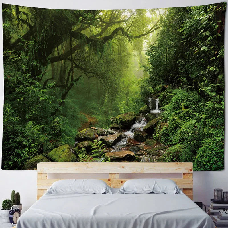 Green jungle tapestry beautiful natural forest large wall hanging hippie bohemian mandala wall art home decoration 8 sizes