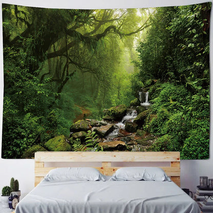 Green jungle tapestry beautiful natural forest large wall hanging hippie bohemian mandala wall art home decoration 8 sizes