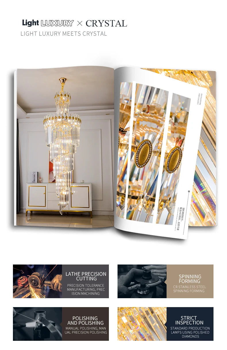 Post-Modern Duplex Villa Hall Crystal Chandelier Simple Light Luxury Jump Floor Floor Rotating Hollow Long Strip Crystal Chandel