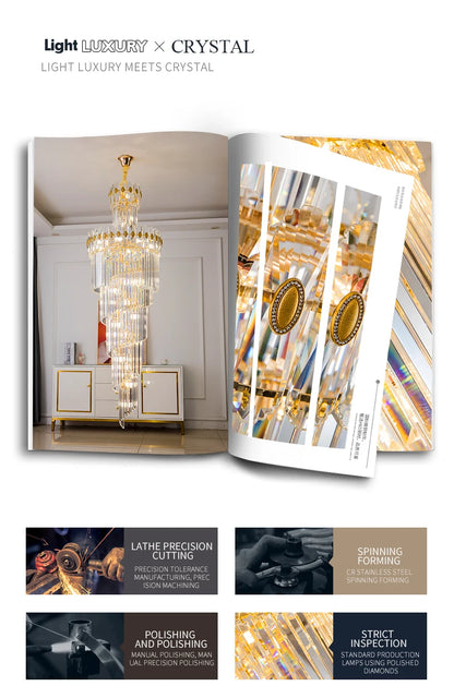 Post-Modern Duplex Villa Hall Crystal Chandelier Simple Light Luxury Jump Floor Floor Rotating Hollow Long Strip Crystal Chandel