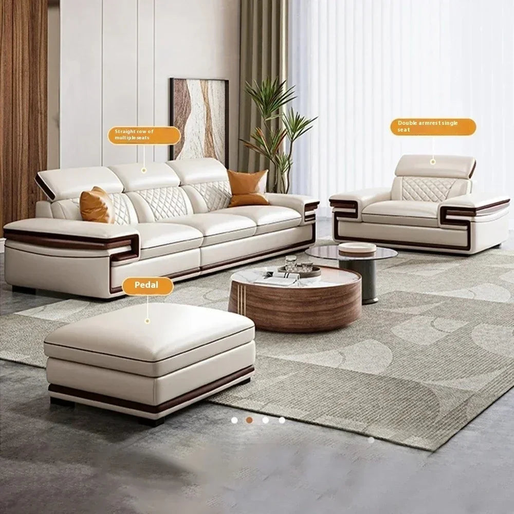 MINGDIBAO Premium Italian Genuine Leather Sofa Set for Living Room with Adjustable Headrests, Bluetooth Speaker, Wireless Charge