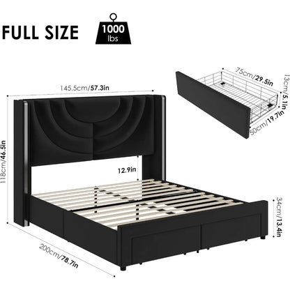 Queen Upholstered LED Bed Frame with 2 Storage Drawers, Velvet Platform Bed with Wingback Headboard, Solid Wooden Slats Support