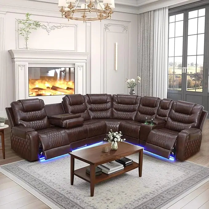 Power Reclining Sectional Sofa USB Chargers and Storage Console, Leather Recliner Sofa for Living Room Furniture Set